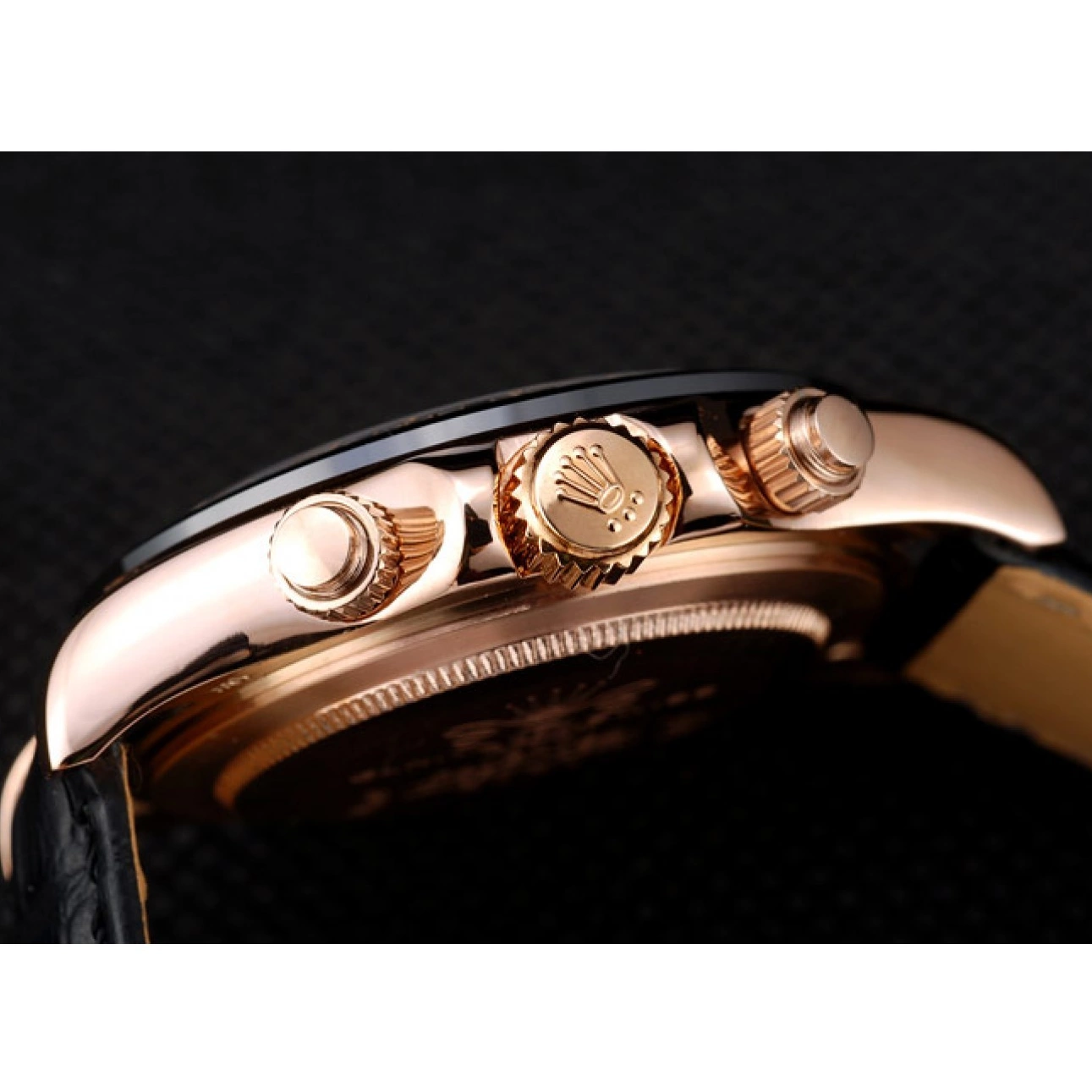 Aaa replica Gold Rose Rolex Black Leather Black Case Daytona Dial Strap 0706